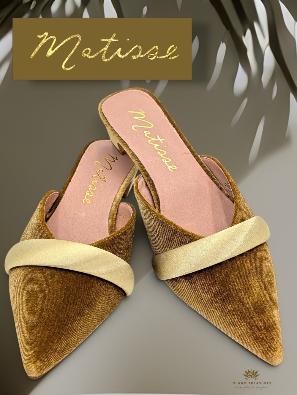Matisse Sz 9M Kellan Velvet Satin Band Pointed Toe Kitten Heel Mule Golden Olive